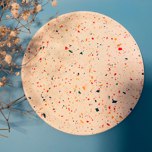 Large Ridged Round Tray- red accent terrazzo